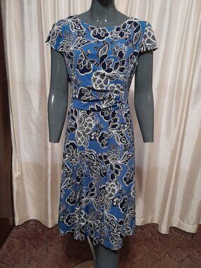 Sudio One Women's Floral Blue & White Midi Lined Dress Knee Length Size M